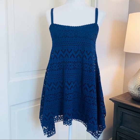 Robin Piccone NAVY Blue Swim SHARK Bite Hem Slip Mini Dress Swim Beach L - Picture 1 of 6